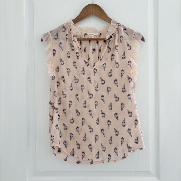 Rebecca Taylor Silk Chiffon Tulip Clip Blouse Sz 0 Cap Sleeve Ruffle Floral - Picture 2 of 9